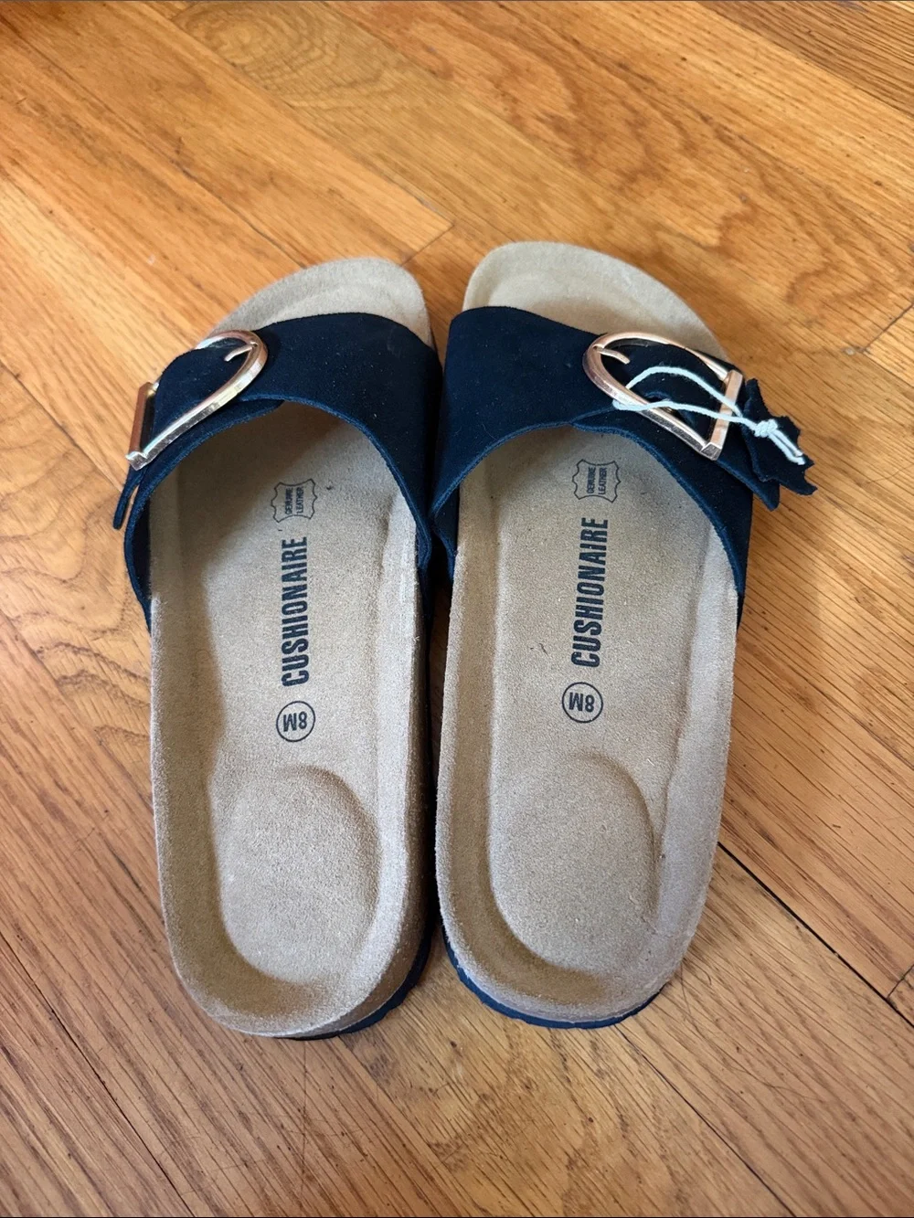 Cushionaire Navy Suede Slide Sandals with Gold Buckle